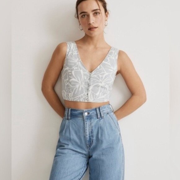 NEW Madewell Softdrape Gwen Linen Floral Button Front Crop Top Gray White 00 - Picture 1 of 11